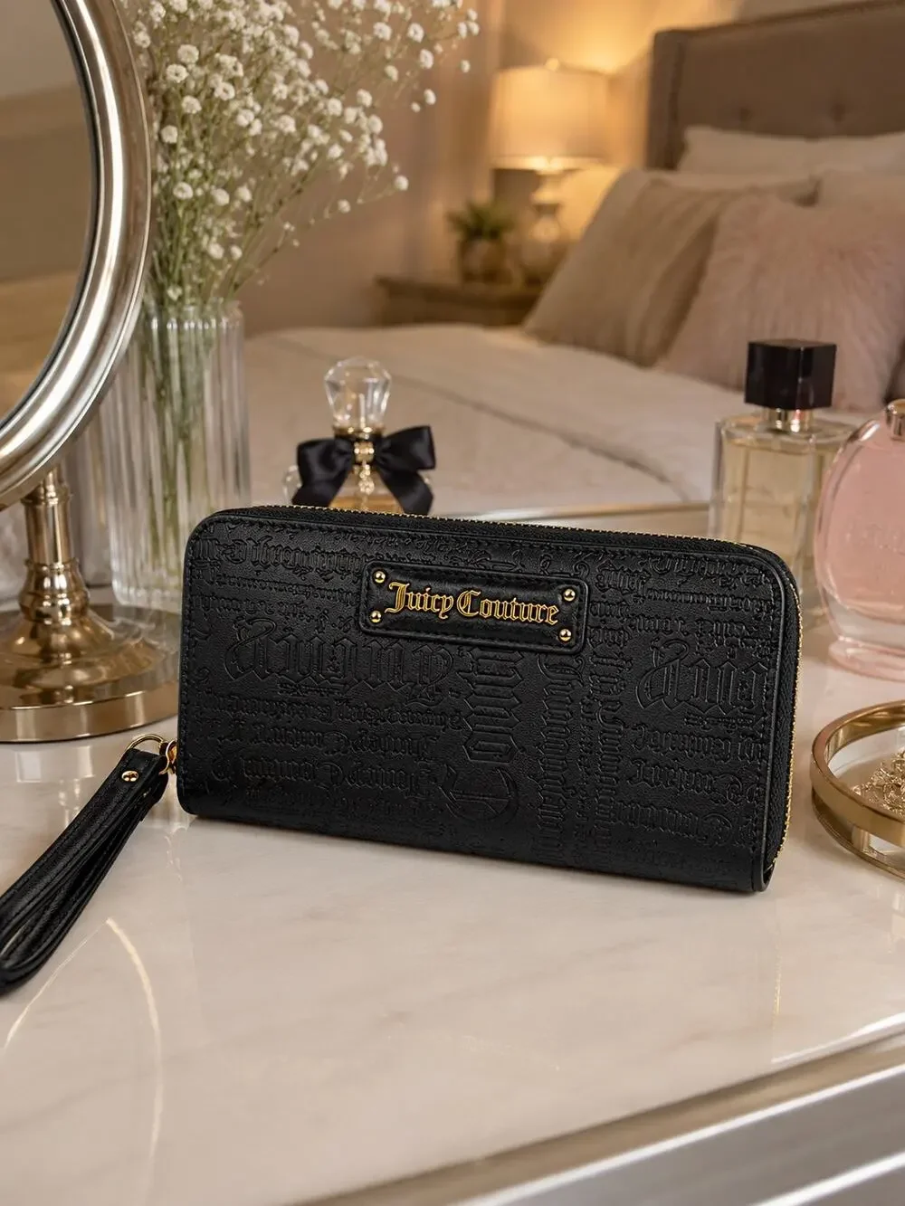Juicy Couture Black Gothic Embossed Zip Around Wristlet Wallet NIB Y2K McBling